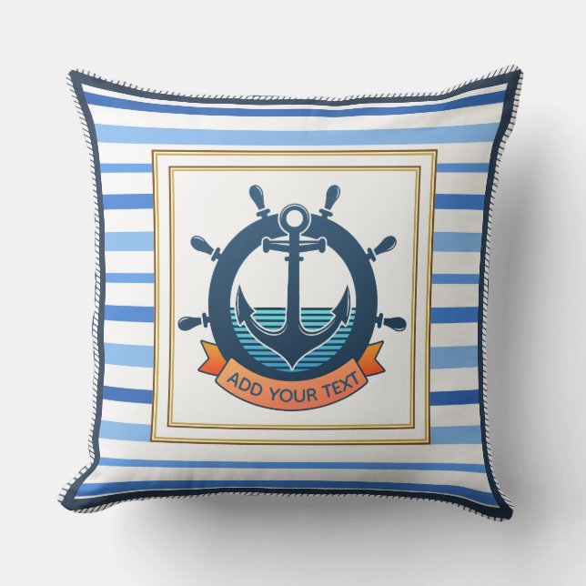 Nautical Anchor and Ship Wheel Custom Striped Throw Pillow (Front)