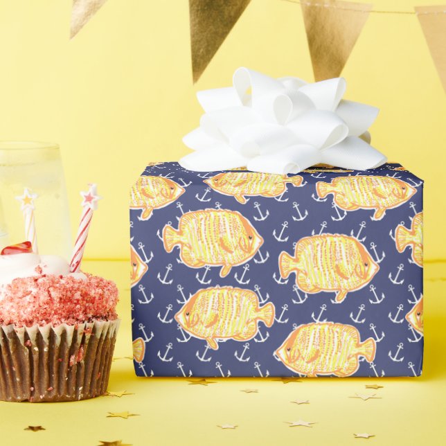 Nautical Anchor and Tropical Fish Pattern Wrapping Paper (Birthday Party)