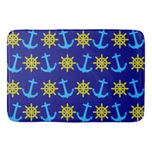 Nautical Anchor and Wheel Pattern On Navy Blue Bath Mat