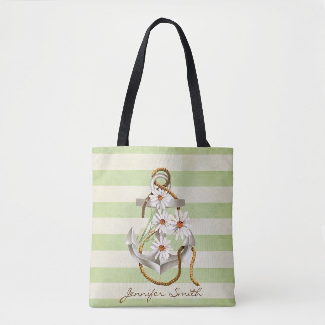 Nautical anchor and white daisy bouquet tote bag (Front)