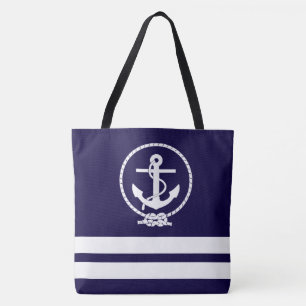 Nautical Anchor and White Stripe Pattern Fun Tote Bag