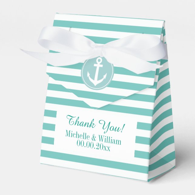 Nautical anchor aqua blue stripe wedding favour bo favor box (Front Side)