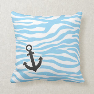 Nautical Anchor; Baby Blue Zebra Animal Print Throw Pillow