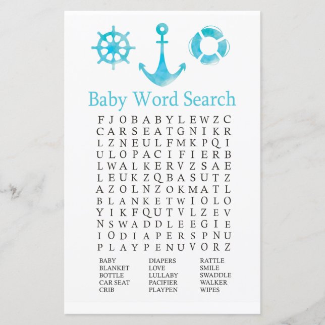 Nautical Anchor Baby Shower Word Search Game (Front)