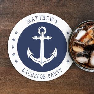 Nautical Anchor Bachelor Party Blue & White Round Paper Coaster