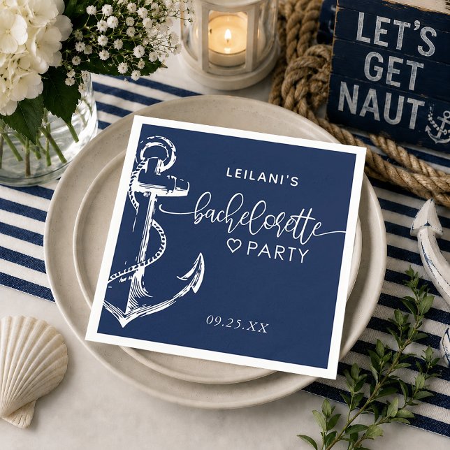 Nautical Anchor Bachelorette Navy Blue Napkin (Navy nautical anchor bachelorette party napkin for the seaside bride to be.)