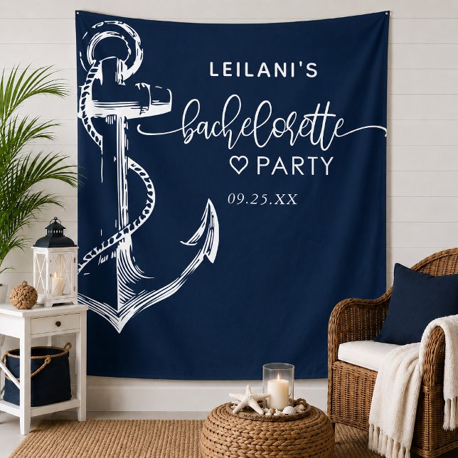 Nautical Anchor Bachelorette Navy Tapestry (Decorate for her bachelorette party with this nautical inspired tapestry featuring an anchor.)