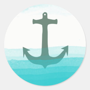 Nautical Anchor Beach Blue Teal Summer Watercolor Classic Round Sticker