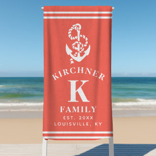 Nautical Anchor Beach House Family Name Coral Towel