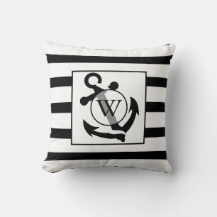Nautical Anchor Black and White Monogram Stripes Throw Pillow