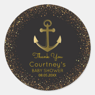 Nautical Anchor Black Gold Baby Shower Favour Classic Round Sticker