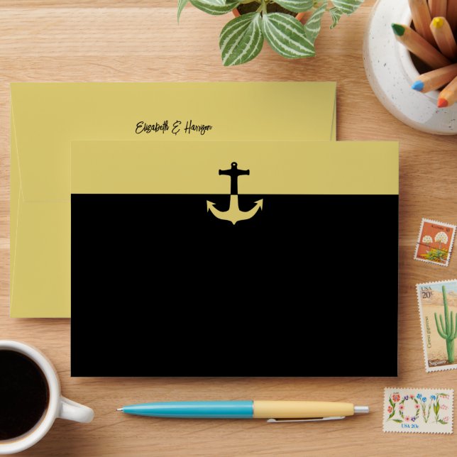Nautical Anchor - Black Gold - Beach Wedding Envelope (Desk)