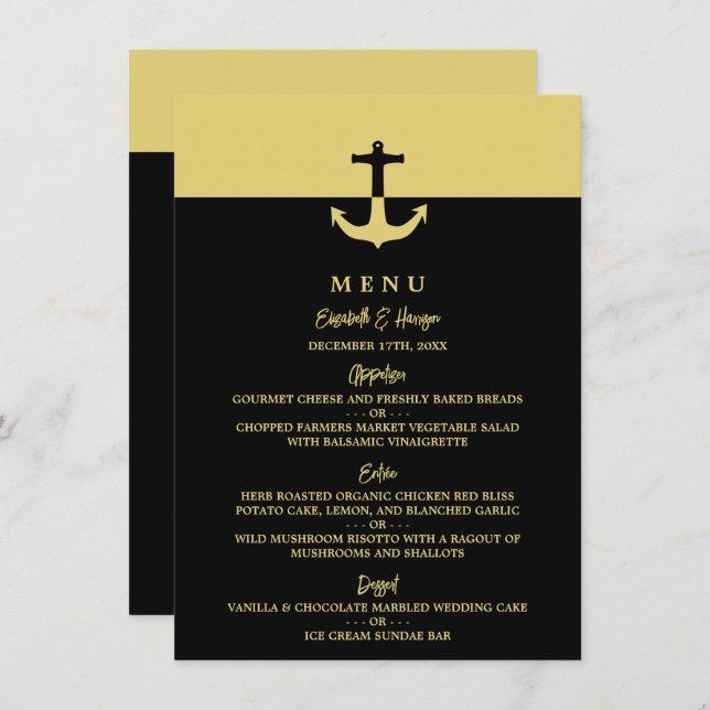 Nautical Anchor - Black Gold - Beach Wedding Menu (Front/Back)