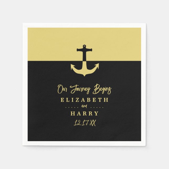 Nautical Anchor - Black Gold - Beach Wedding Napkin (Front)