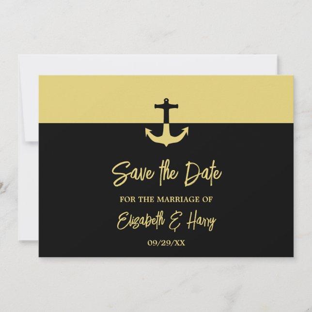 Nautical Anchor - Black Gold - Beach Wedding Save The Date (Front)
