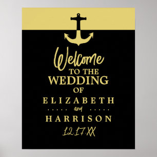 Nautical Anchor, Black Gold, Wedding Welcome Poster