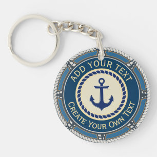 Nautical Anchor Blue and Cream Rope Border Custom Keychain