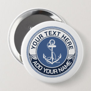 Nautical Anchor Blue and White Rope Border Pinback 4 Inch Round Button