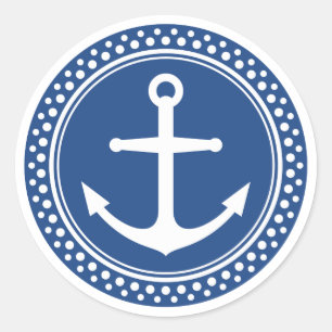 Nautical anchor, blue background with dot border classic round sticker