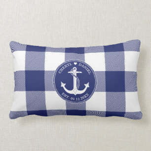 Nautical Anchor Blue Buffalo Plaid Wedding Lumbar Pillow
