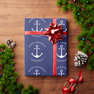 Nautical anchor blue custom name text Birthday Wrapping Paper
