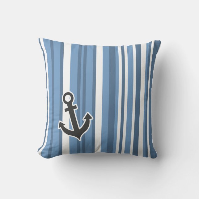 Nautical Anchor; Blue-Grey Stripes; Striped Throw Pillow (Front)