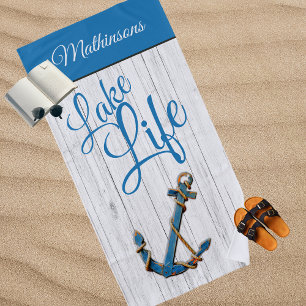 Nautical Anchor Blue Lake Life Family Monogram  Beach Towel