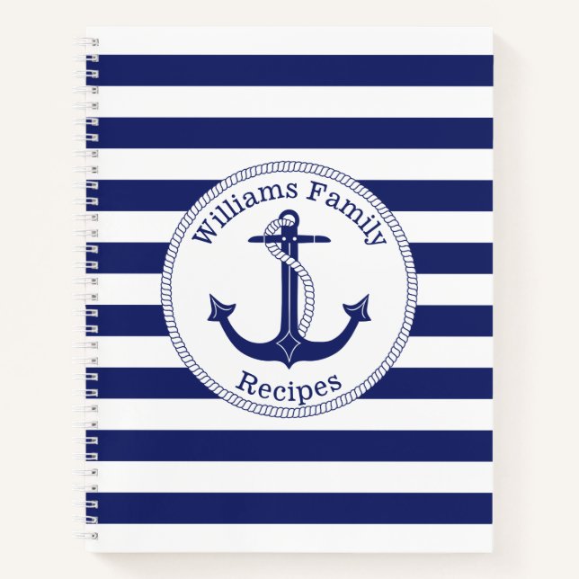 Nautical Anchor Blue Stripe Family Monogram Recipe Notebook (Front)