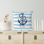 Nautical Anchor & Blue Stripe Personalized Throw Pillow<br><div class="desc">Design features a classic navy blue anchor and rope illustration on a light blue and white stripe background. Personalize with a name or text of your choice, or simply delete the sample text to leave blank. Perfect for beach houses, summer patios or nautical themed nurseries. Coordinating accessories available in our...</div>