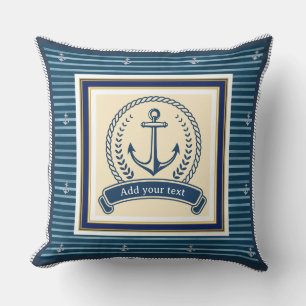 Nautical Anchor Blue Striped Custom Text Throw Pillow