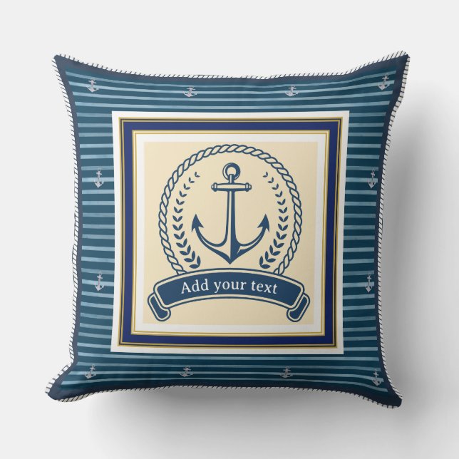 Nautical Anchor Blue Striped Custom Text Throw Pillow (Front)