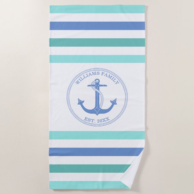 Nautical Anchor Blue Striped Monogrammed Name Beach Towel (Front)