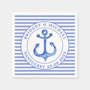 Nautical Anchor Blue Striped Personalized Wedding Napkin