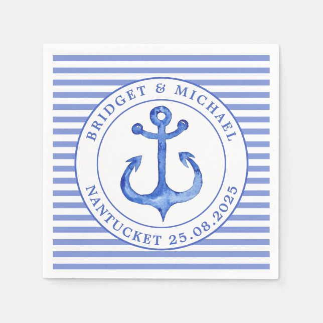 Nautical Anchor Blue Striped Personalized Wedding Napkin (Front)