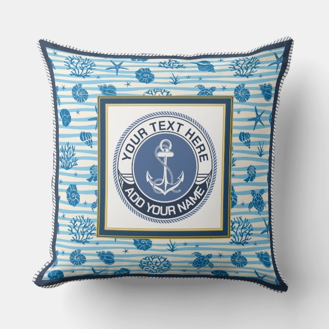 Nautical Anchor Blue Stripes Seashells Custom Name Throw Pillow (Front)