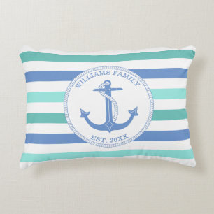 Nautical Anchor Blue Teal Stripe Family Monogram Accent Pillow