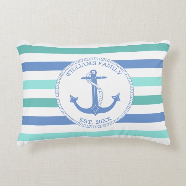 Nautical Anchor Blue Teal Stripe Family Monogram Accent Pillow (Front)