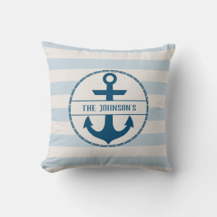 Nautical Anchor Blue White Personalized Throw Pillow