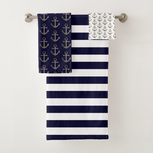 Nautical Anchor Blue White Sailing Sailor Bath Towel Set (Insitu)