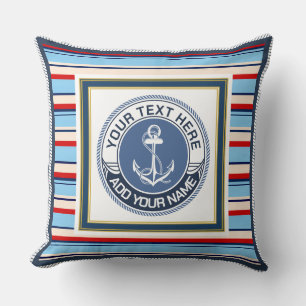 Nautical Anchor Blues, Reds, and Creams Striped  Throw Pillow