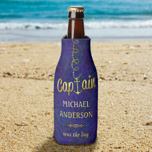 Nautical Anchor Boat Captain Gold   Custom Name Bottle Cooler
