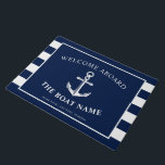 Nautical Anchor Boat & Captain Name Navy Stripes Doormat<br><div class="desc">A doormat featuring a nautical anchor and the custom name of the boat owner and boat.  On the sides are navy and white stripes to complement the front text.</div>