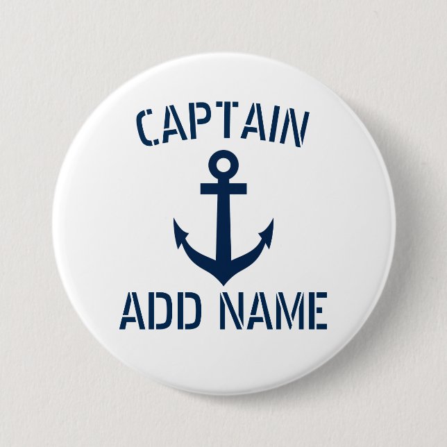 Nautical anchor boat captain name round pinback 3 inch round button (Front)