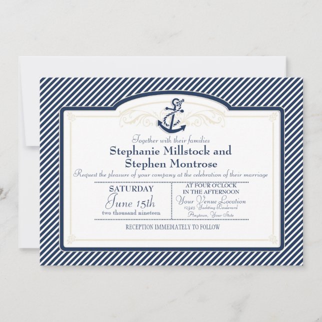 Nautical Anchor Boat Diagonal Stripes Swirl Modern Invitation (Front)