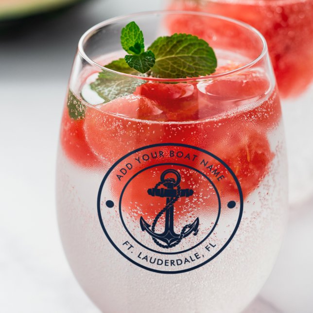 Nautical Anchor Boat Name Boating Crew Custom Stemless Wine Glass (Nautical Navy Blue Anchor Stemless Wine Glass)
