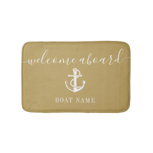 Nautical Anchor Boat Name Gold Welcome Aboard Bath Mat