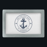 Nautical Anchor Boat Name Navy Blue Boating Custom Belt Buckle<br><div class="desc">Add your boat or captain's name and location by clicking the "Personalize" button above. Set sail in style with our custom nautical-themed boating swag, the ultimate companion for your maritime adventures. This belt buckle boasts a cute design inspired by the ocean's wonders, featuring classic maritime motifs such as an anchor...</div>