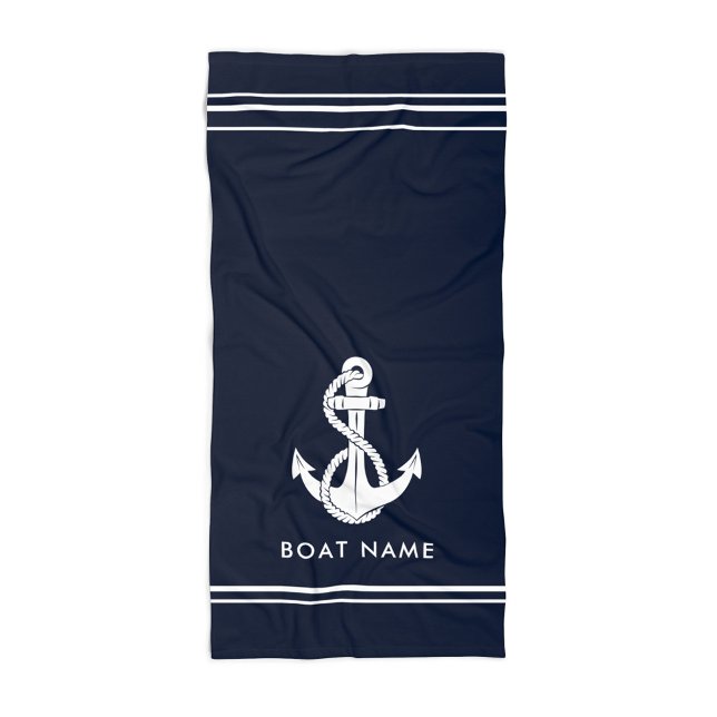 Nautical Anchor Boat Name Navy Blue Custom Beach Towel (Nautical Anchor Navy Blue Custom Beach Towel)