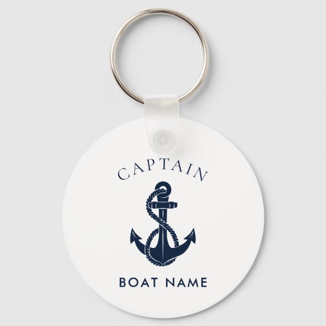 Nautical Anchor Boat Name Navy Blue Custom Keychain (Front)