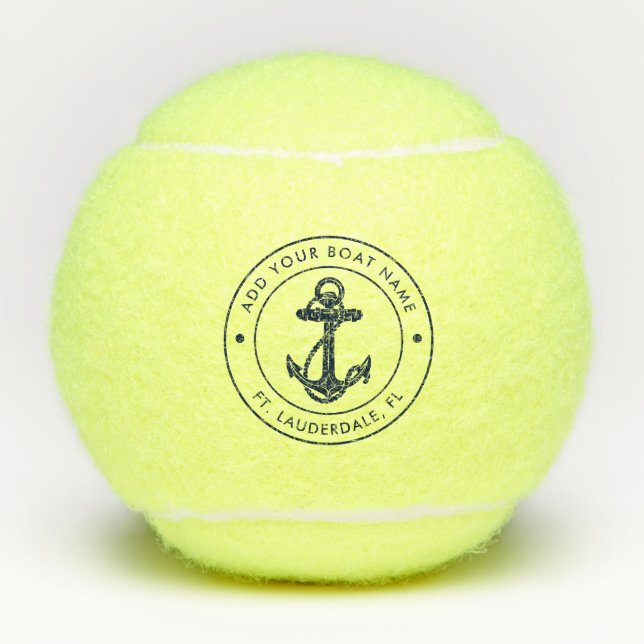 Nautical Anchor Boat Name Navy Blue Custom Tennis Balls (Front)